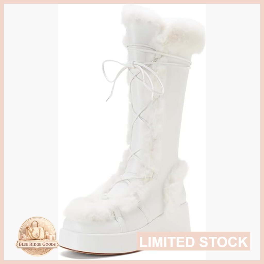 Knee High Snow Boots Platform Heel Faux Fur Lace Up Side Zipper Winter Warm